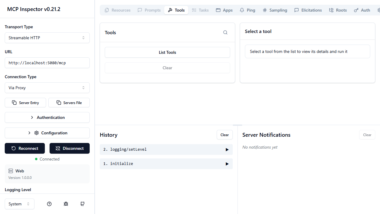 MCP Inspector connected
