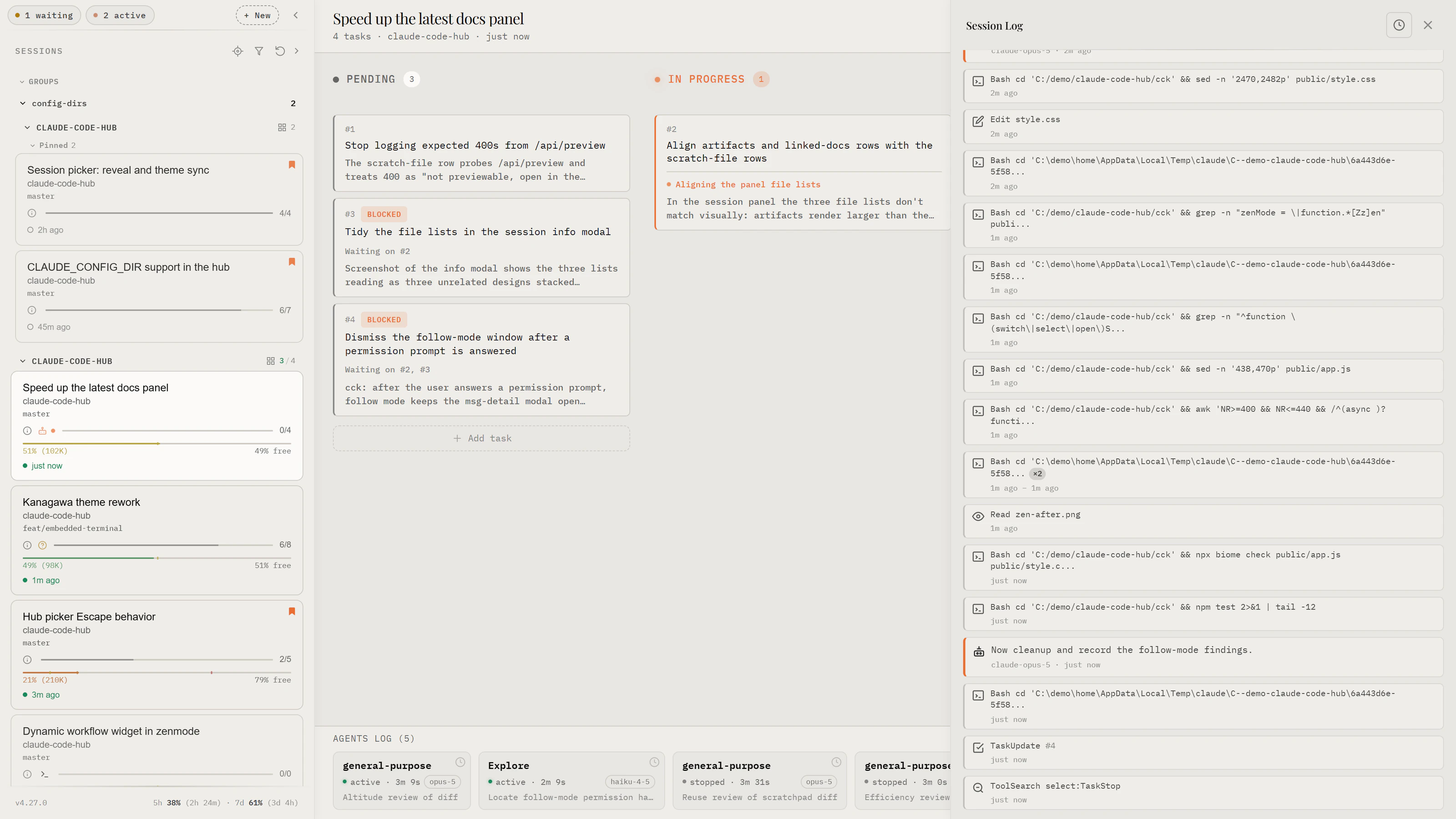 Kanban with sessions in the sidebar, task columns, and the agent log of the selected session