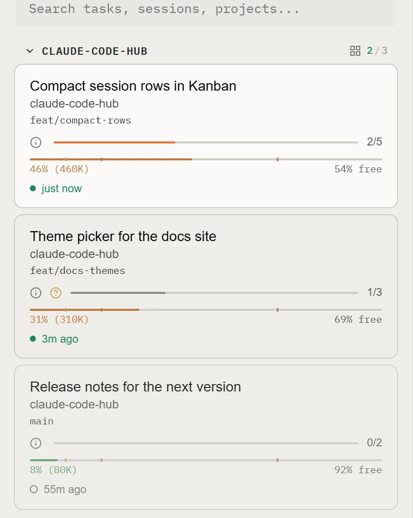 The Kanban sidebar before the patch, with tall session cards