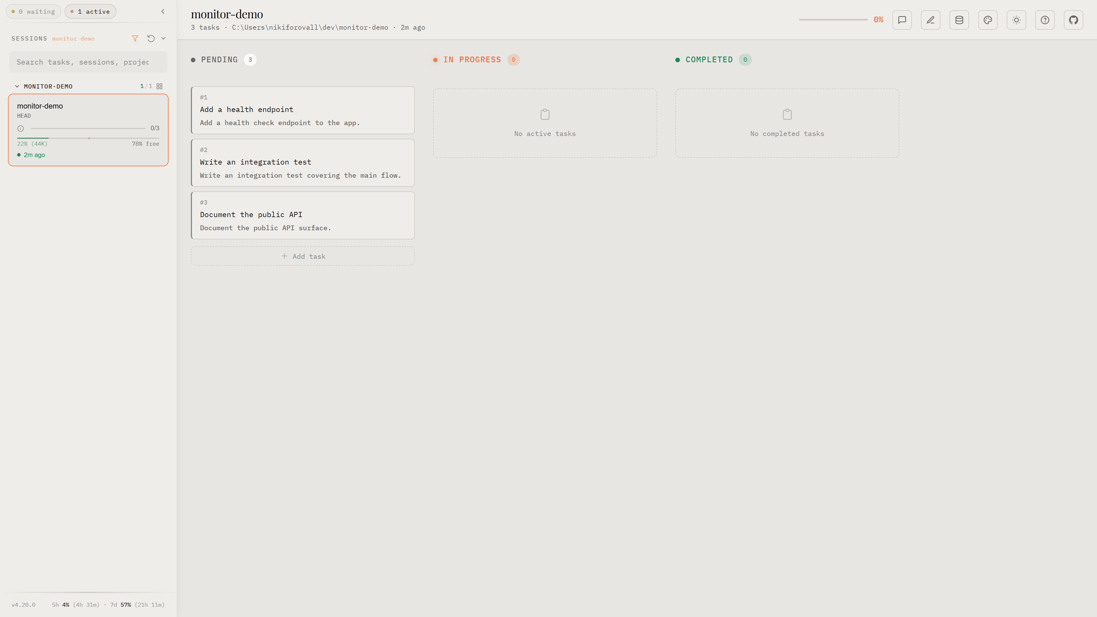 Kanban board with three pending tasks