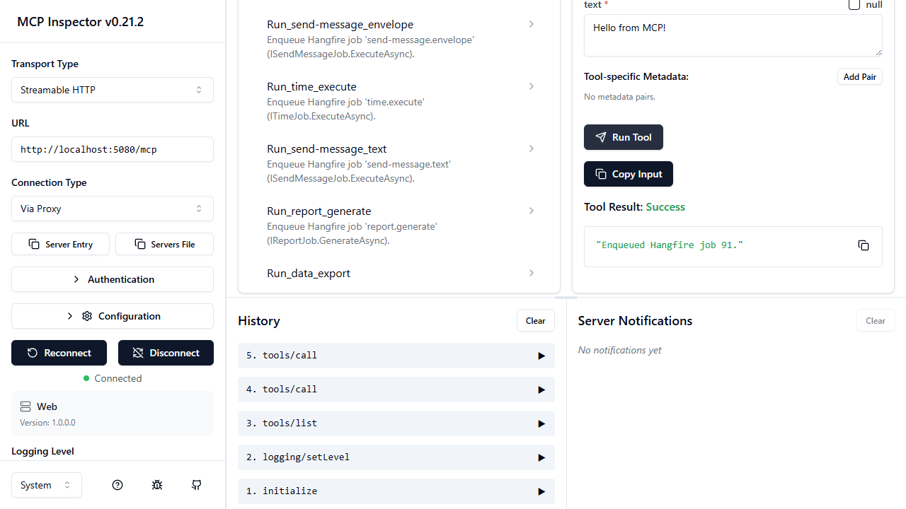 MCP Inspector — tool result with Hangfire job ID