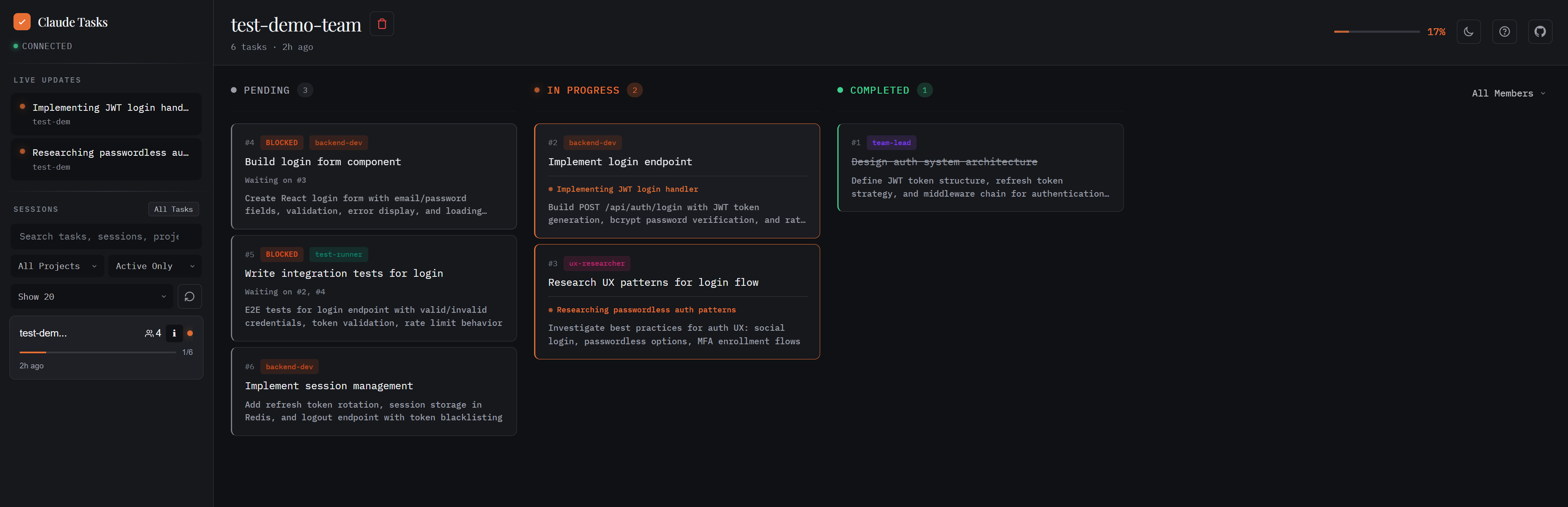 claude-code-kanban dark mode — Kanban board with team tasks