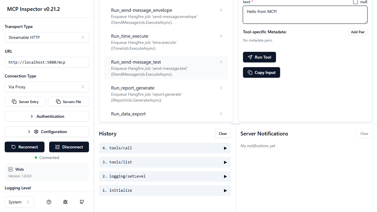 MCP Inspector — invoking a job with parameters