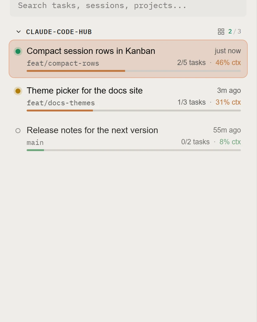 The patched Kanban sidebar: each session is a row with the name and time, then the branch, tasks and context use, and a context bar