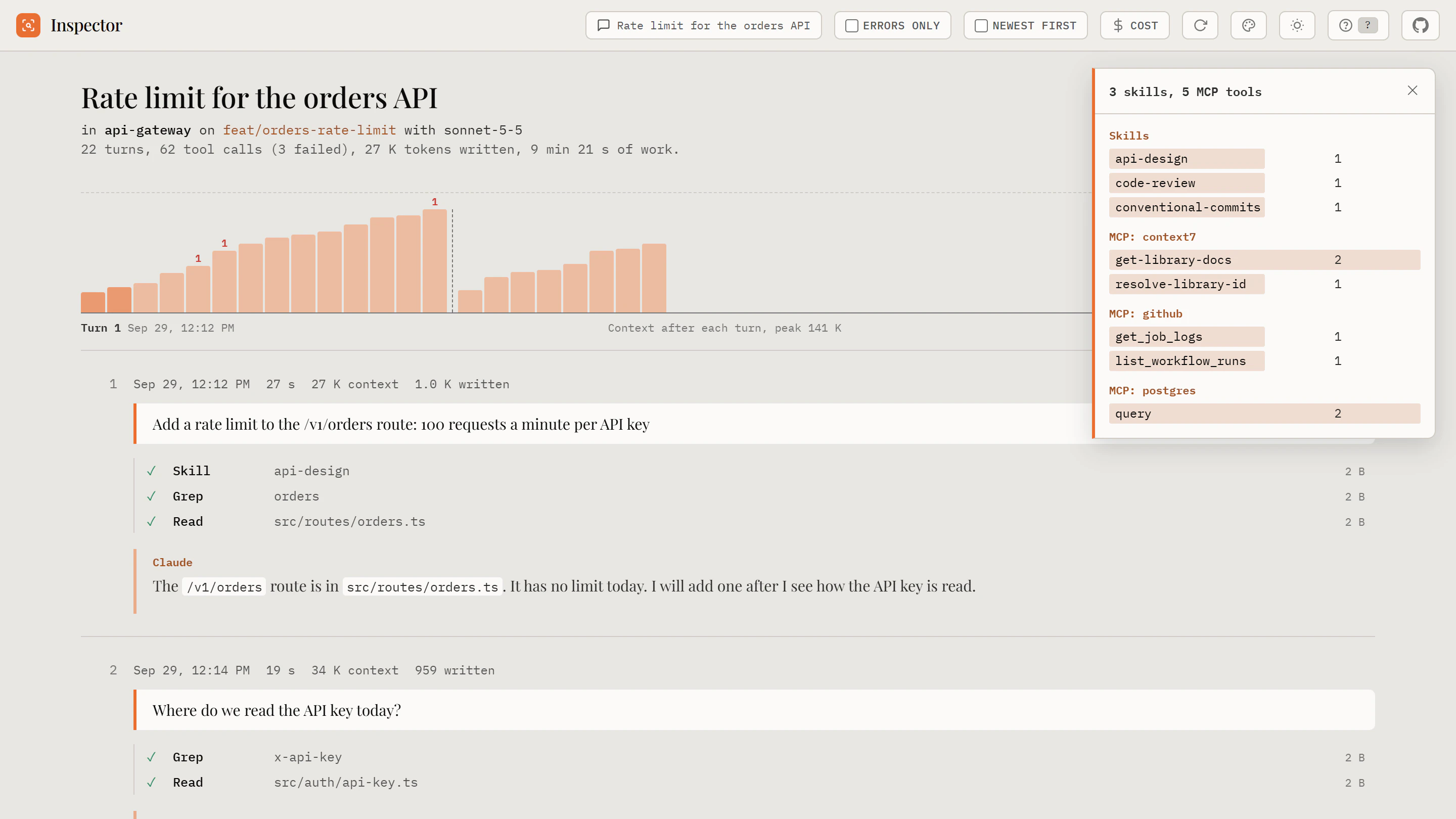 The Inspector in the hub: the session Rate limit for the orders API, a chart of the context size per turn with a compaction line, the first turns with their tool calls, and a card with the skills and MCP tools that the session used