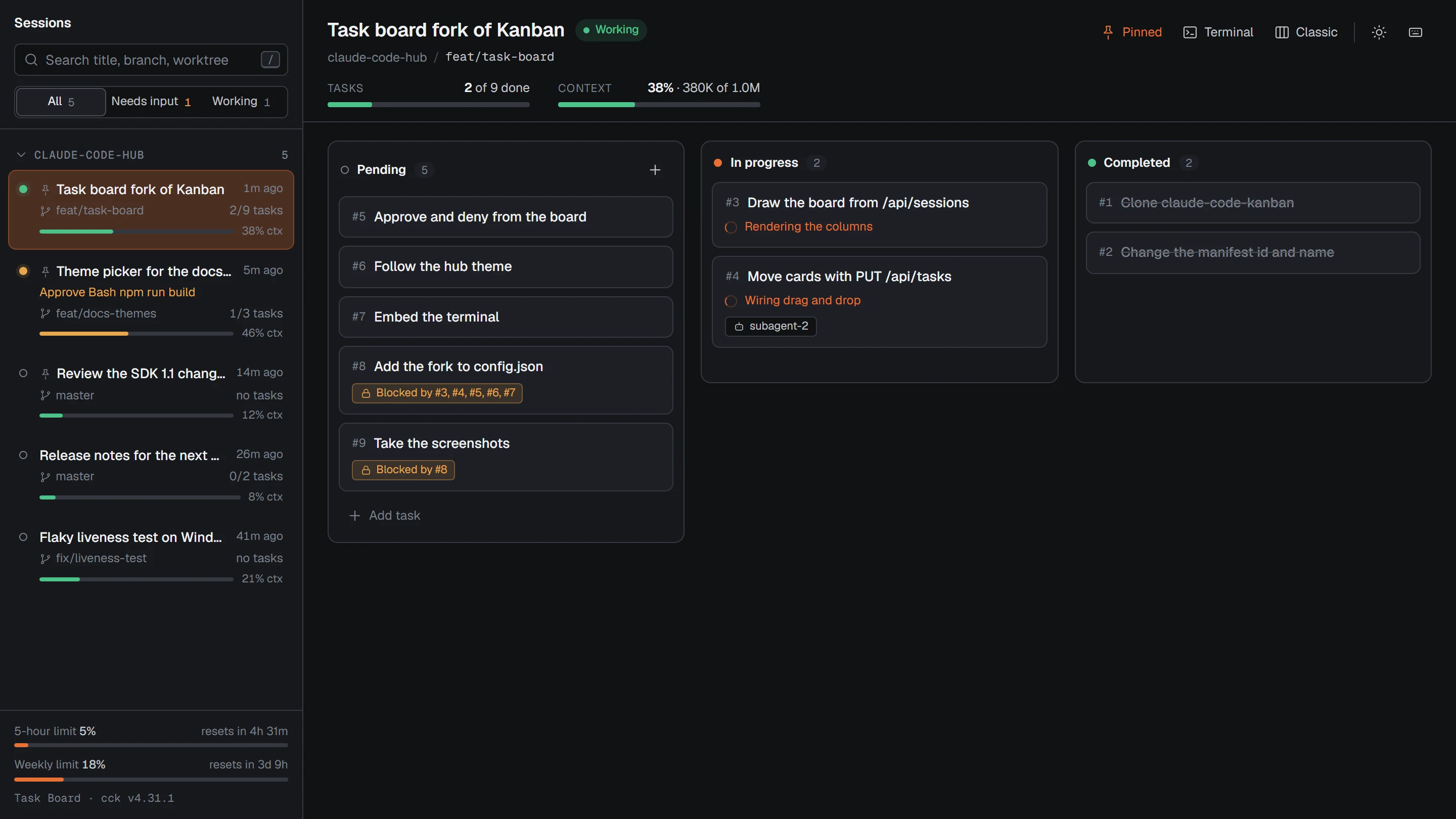 The Task Board in dark mode