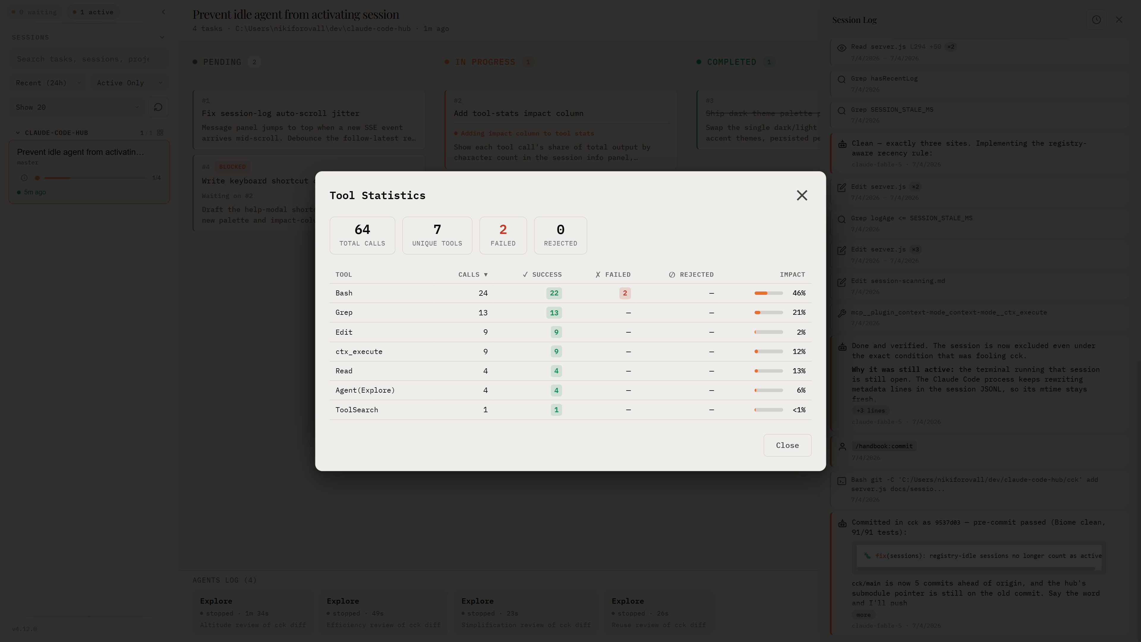 Tool stats and file impact breakdown