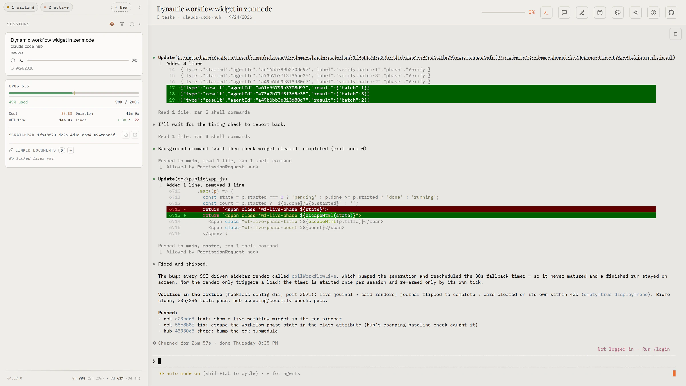 Zen mode with the terminal open: one session card and its context use in the sidebar, and Claude Code in the terminal