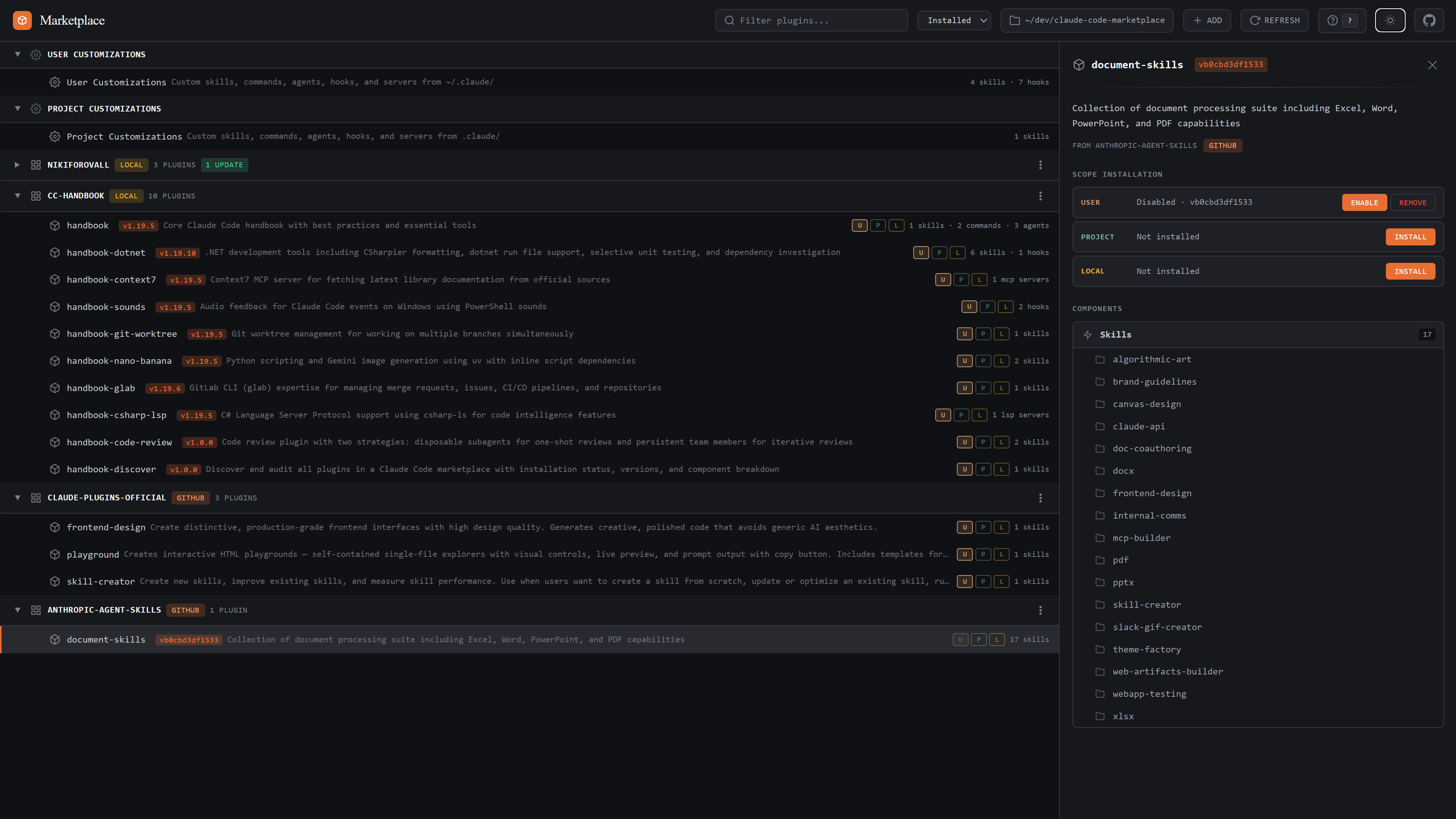 Claude Code Marketplace dashboard