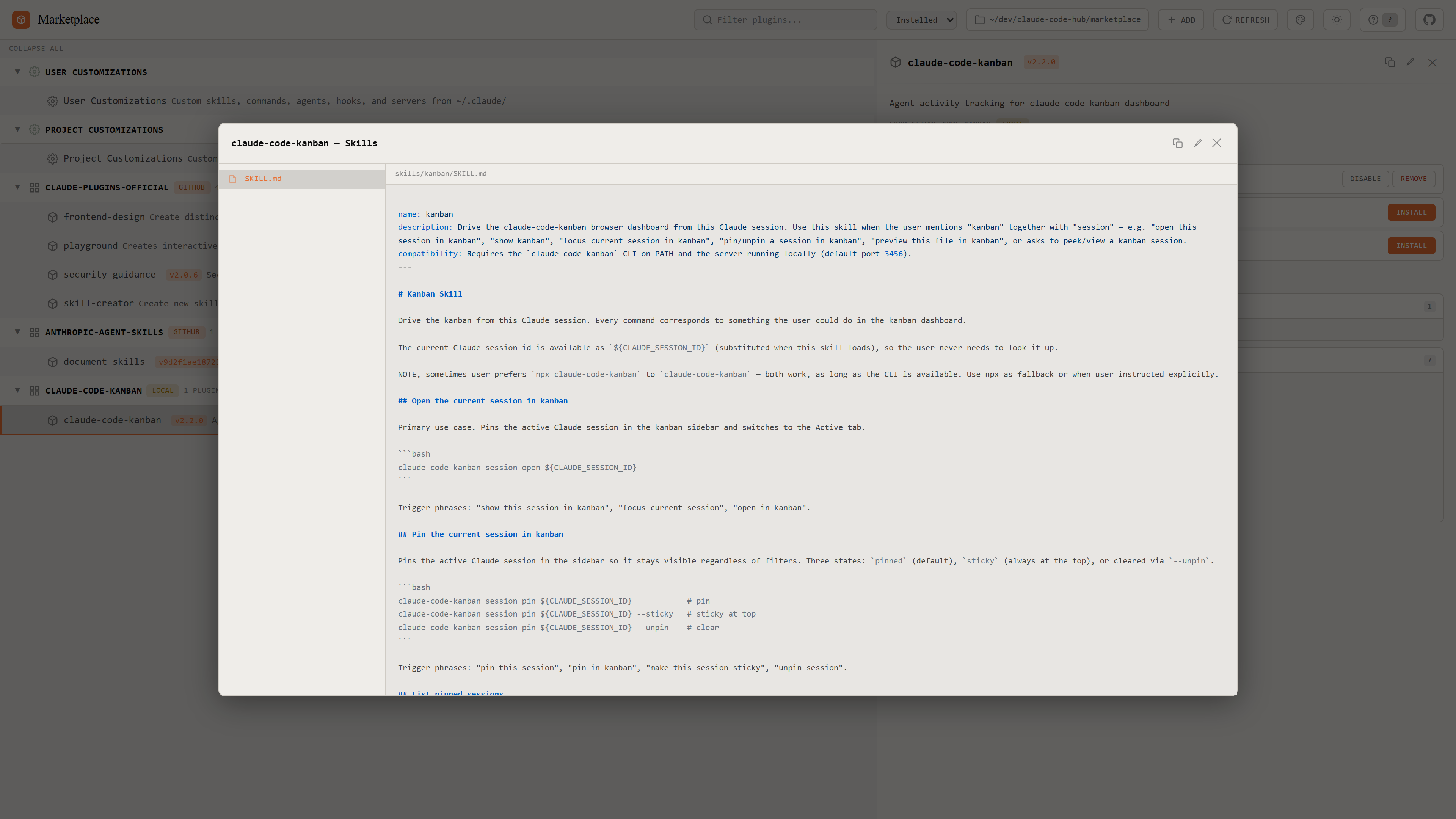 File preview modal with syntax-highlighted SKILL.md