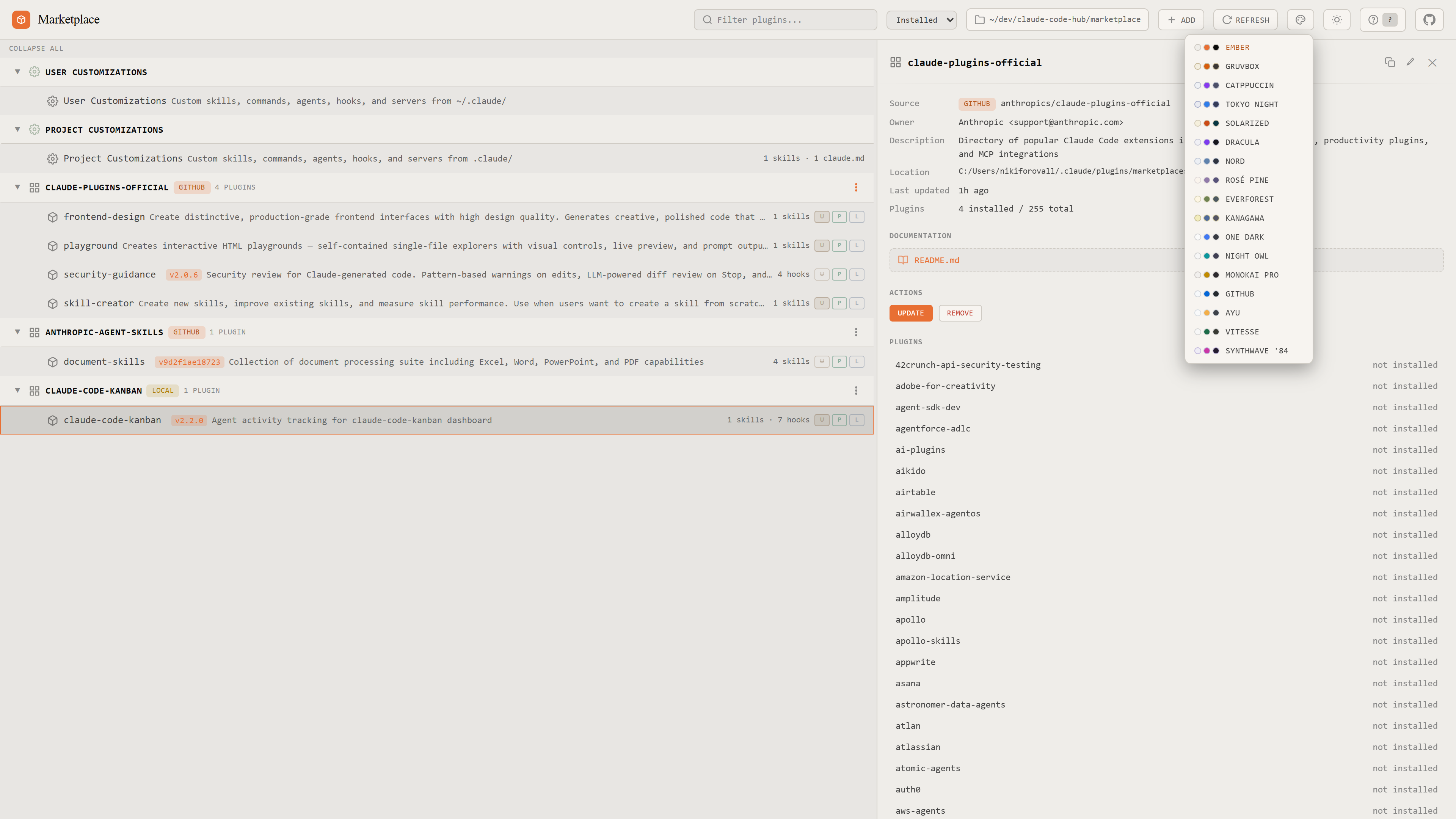 Theme picker with 17 color themes