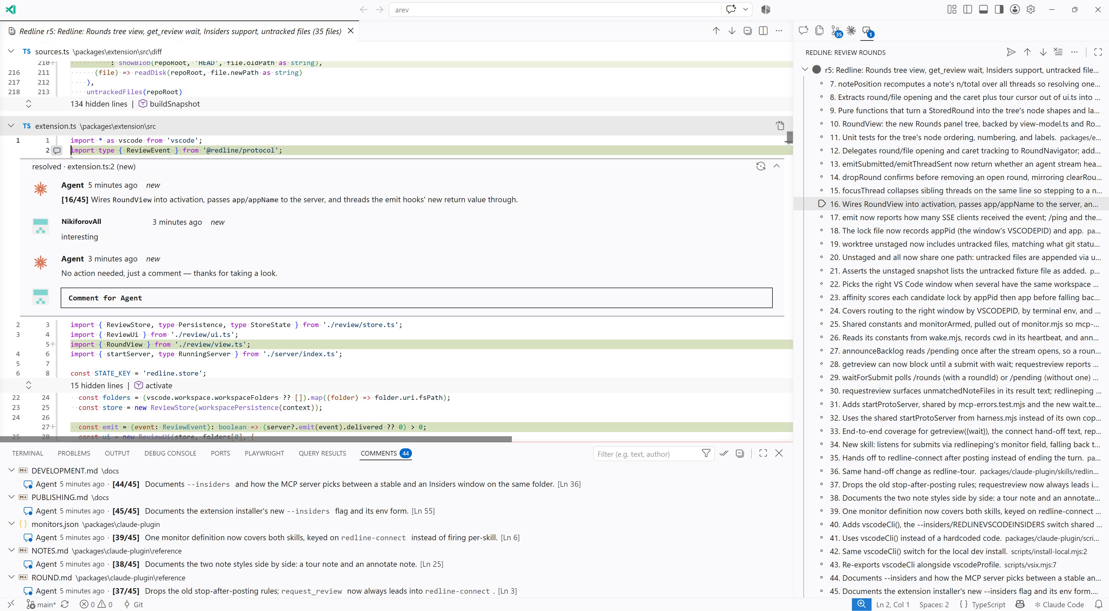A review round: the diff with agent notes and a comment thread, the Comments panel, and the Review Rounds tree