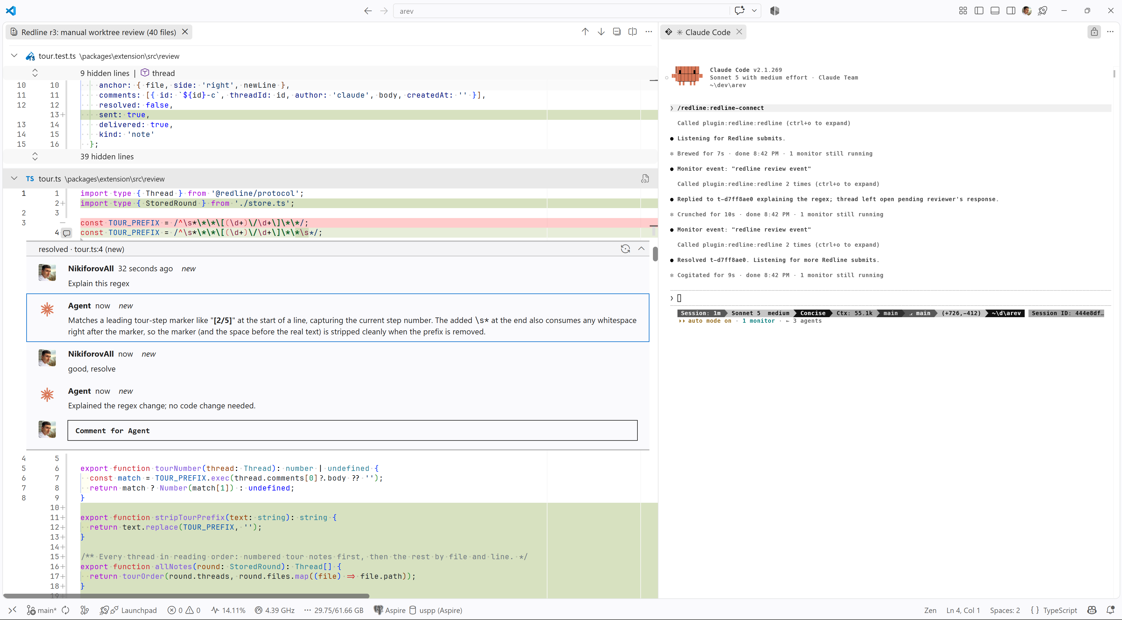 A review round in VS Code with a reviewer question, Claude's reply, and the Claude Code session that woke on submit